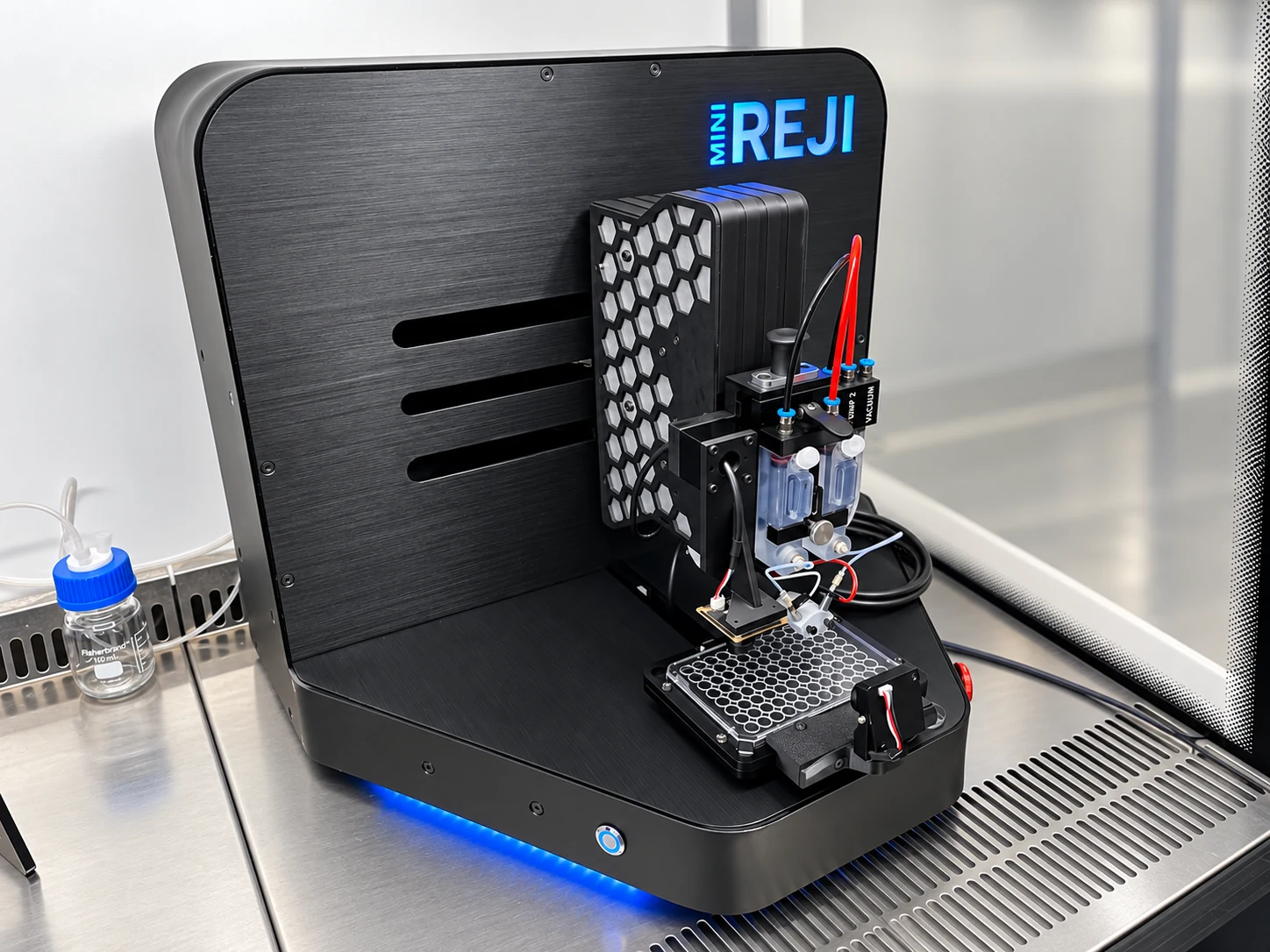 JetBio MINI REJI bioprinter with black housing, twin reservoirs and a well plate.